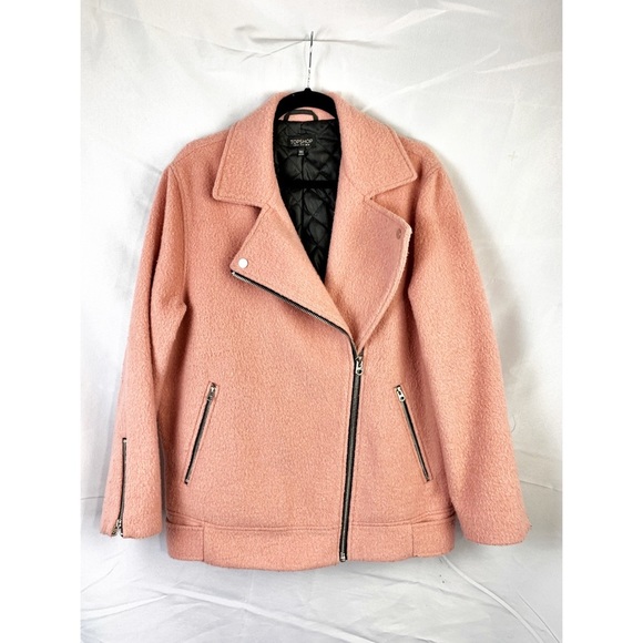 Topshop Wool Moto Jacket Pink Blend Winter Coat 10 - Picture 7 of 13